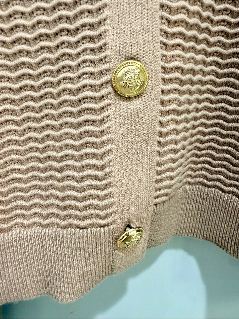 Rachel Zoe Rosette Wavy Knit Cardigan Sweater Women’s XL Tan Gold Lion Button - Picture 4 of 10